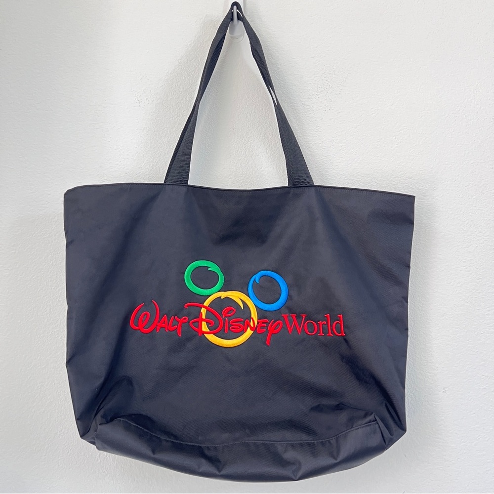 VTG Walt Disney World Mickey Tote Travel Zip Bag Black Embroidered ‎ Color LOGO